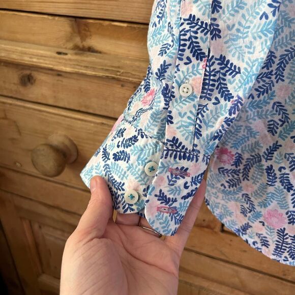 Women's Talbots Small Floral Printed Blouse Button Front Top Blue Pink White - Picture 5 of 10